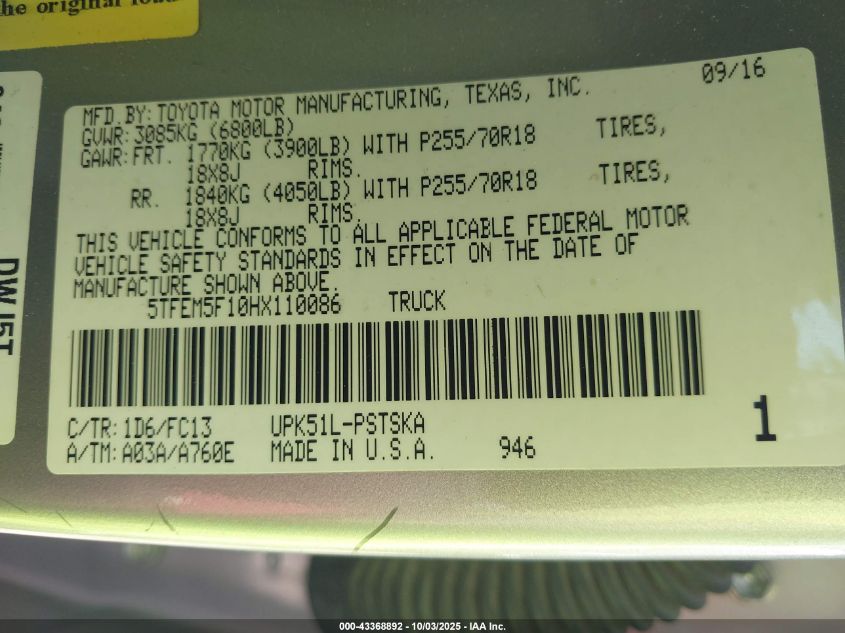 2017 Toyota Tundra Sr5 4.6L V8 VIN: 5TFEM5F10HX110086 Lot: 43368892
