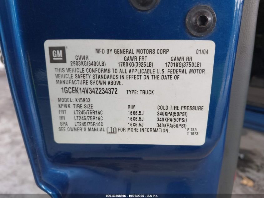 2004 Chevrolet Silverado 1500 Work Truck VIN: 1GCEK14V34Z234372 Lot: 43368896