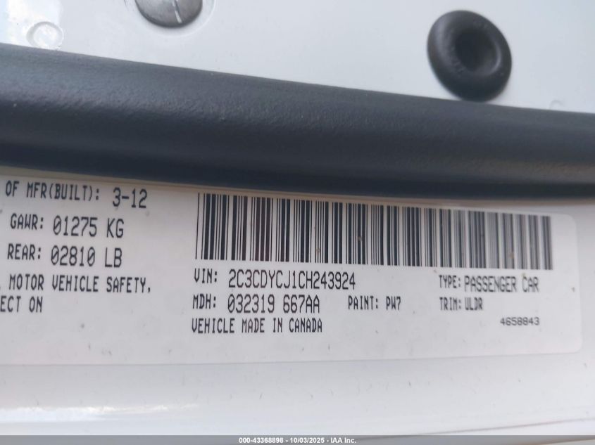 2012 Dodge Challenger Srt8 392 VIN: 2C3CDYCJ1CH243924 Lot: 43368898