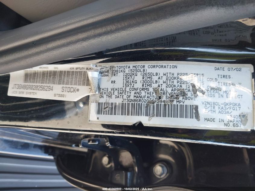 2002 Toyota 4Runner Sr5 V6 VIN: JT3GN86R020256294 Lot: 43368900