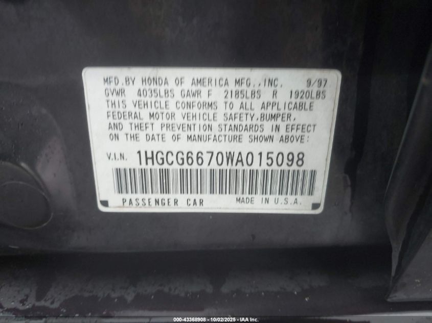 1998 Honda Accord Ex VIN: 1HGCG6670WA015098 Lot: 43368908