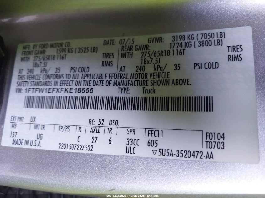 2015 Ford F-150 Xlt VIN: 1FTFW1EFXFKE18655 Lot: 43368922