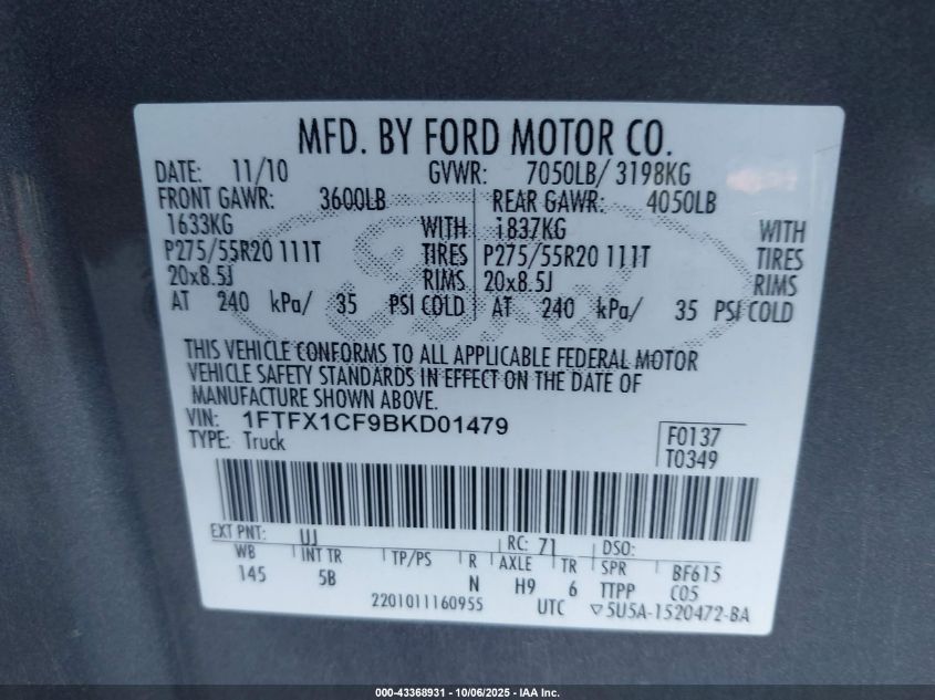 2011 Ford F-150 Fx2 VIN: 1FTFX1CF9BKD01479 Lot: 43368931
