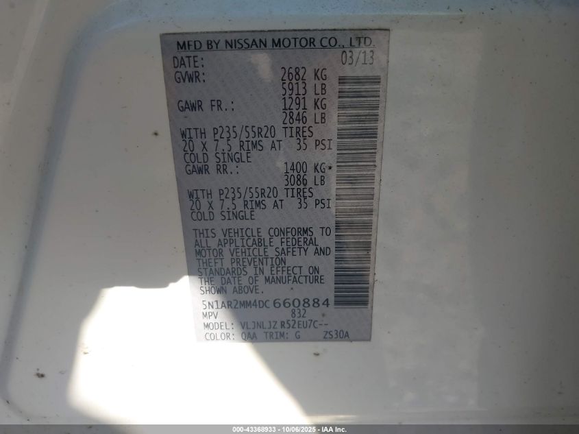 2013 Nissan Pathfinder Platinum VIN: 5N1AR2MM4DC660884 Lot: 43368933