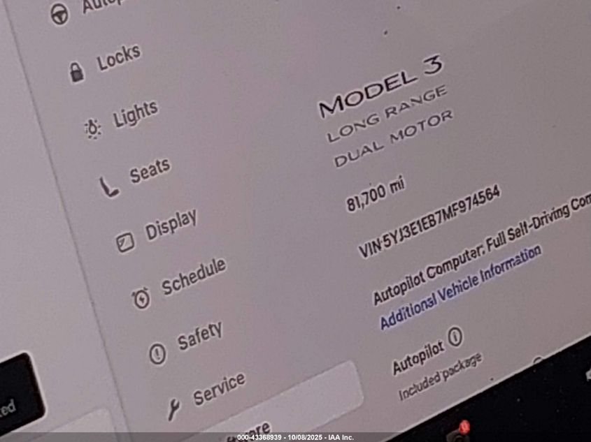 2021 Tesla Model 3 Long Range Dual Motor All-Wheel Drive VIN: 5YJ3E1EB7MF974564 Lot: 43368939