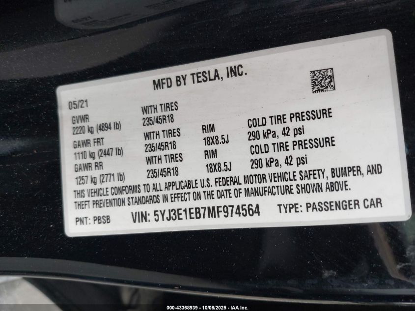 2021 Tesla Model 3 Long Range Dual Motor All-Wheel Drive VIN: 5YJ3E1EB7MF974564 Lot: 43368939