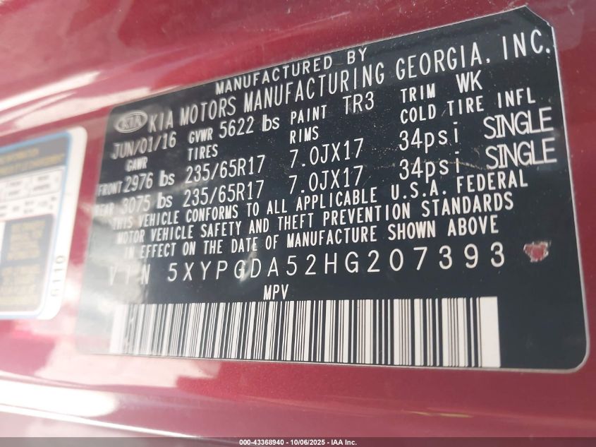 2017 Kia Sorento Lx/L VIN: 5XYPGDA52HG07393 Lot: 43368940