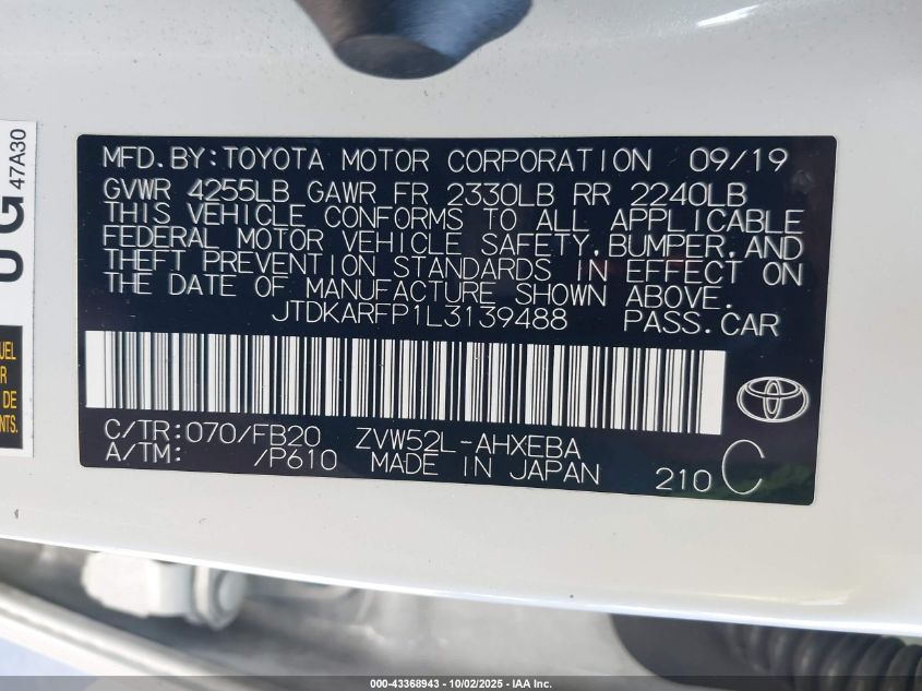 2020 Toyota Prius Prime Le VIN: JTDKARFP1L3139488 Lot: 43368943