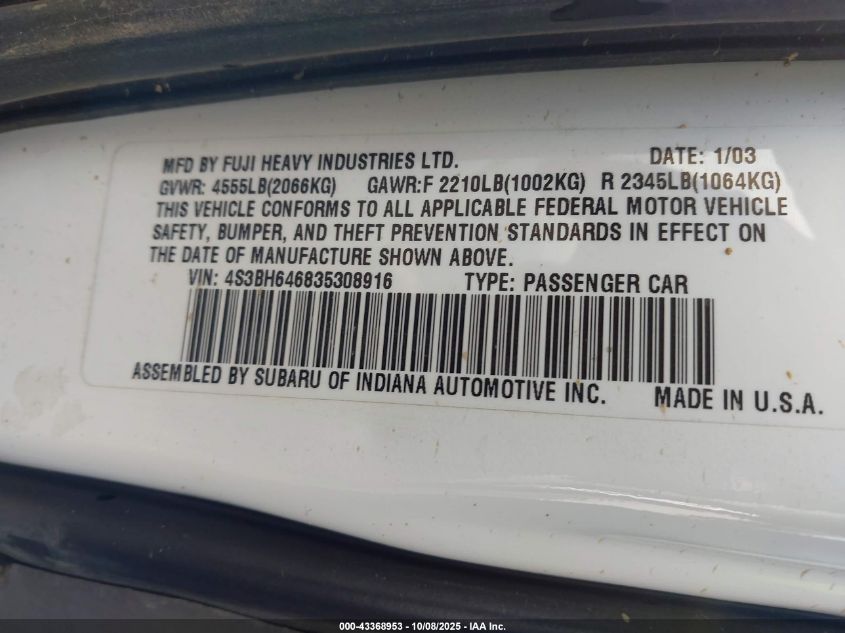 2003 Subaru Legacy Gt VIN: 4S3BH646835308916 Lot: 43368953