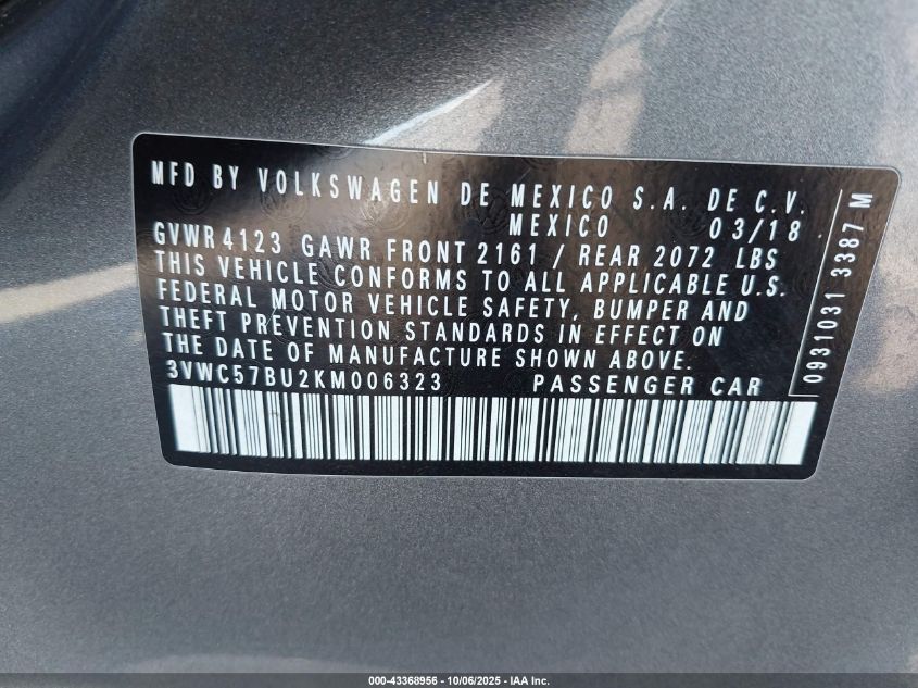 2019 Volkswagen Jetta 1.4T R-Line/1.4T S/1.4T Se VIN: 3VWC57BU2KM006323 Lot: 43368956