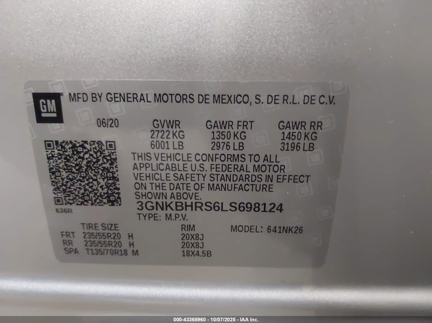 2020 CHEVROLET BLAZER AWD 2LT 3GNKBHRS6LS698124