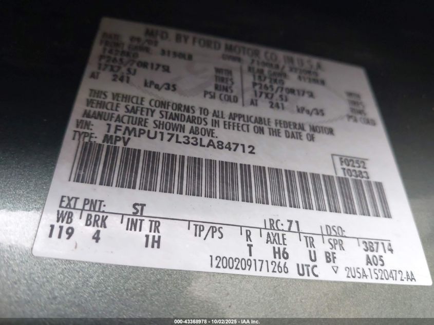 2003 Ford Expedition Eddie Bauer VIN: 1FMPU17L33LA84712 Lot: 43368978