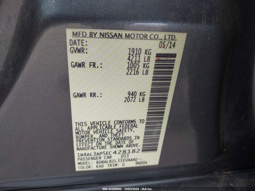 2014 Nissan Altima 2.5 S VIN: 1N4AL3AP5EC428182 Lot: 43368980