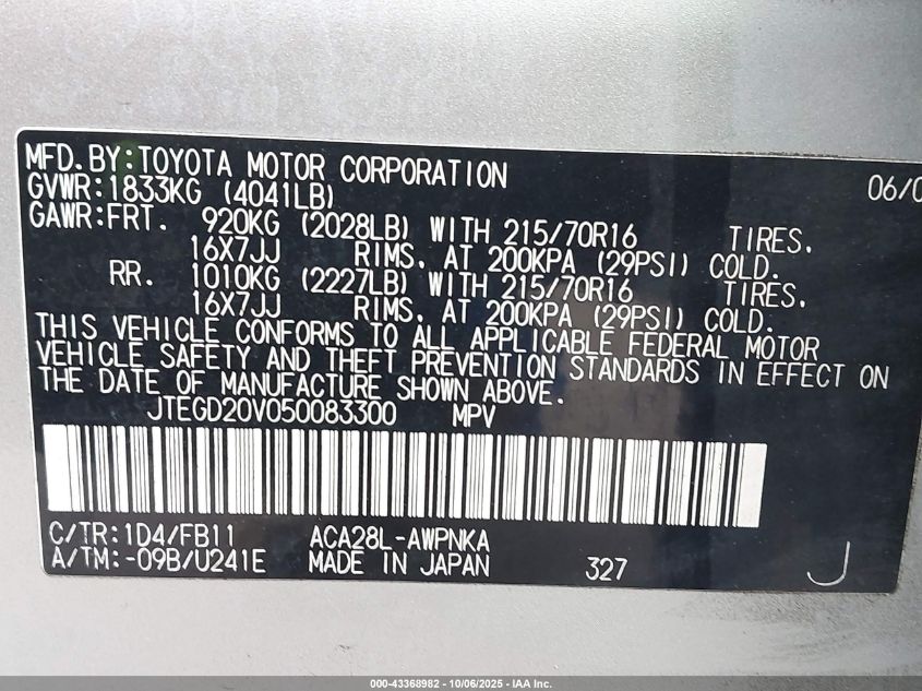 2005 Toyota Rav4 VIN: JTEGD20V050083300 Lot: 43368982