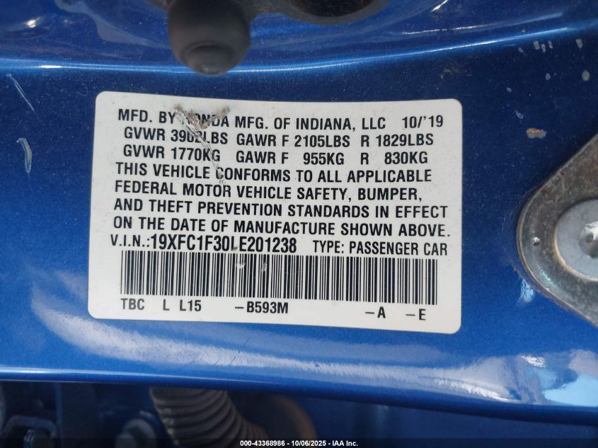 2020 Honda Civic Ex VIN: 19XFC1F30LE201238 Lot: 43368986