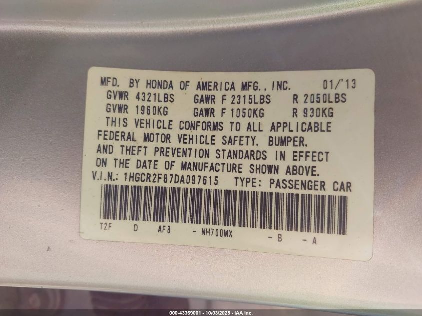 2013 Honda Accord Ex-L VIN: 1HGCR2F87DA097615 Lot: 43369001