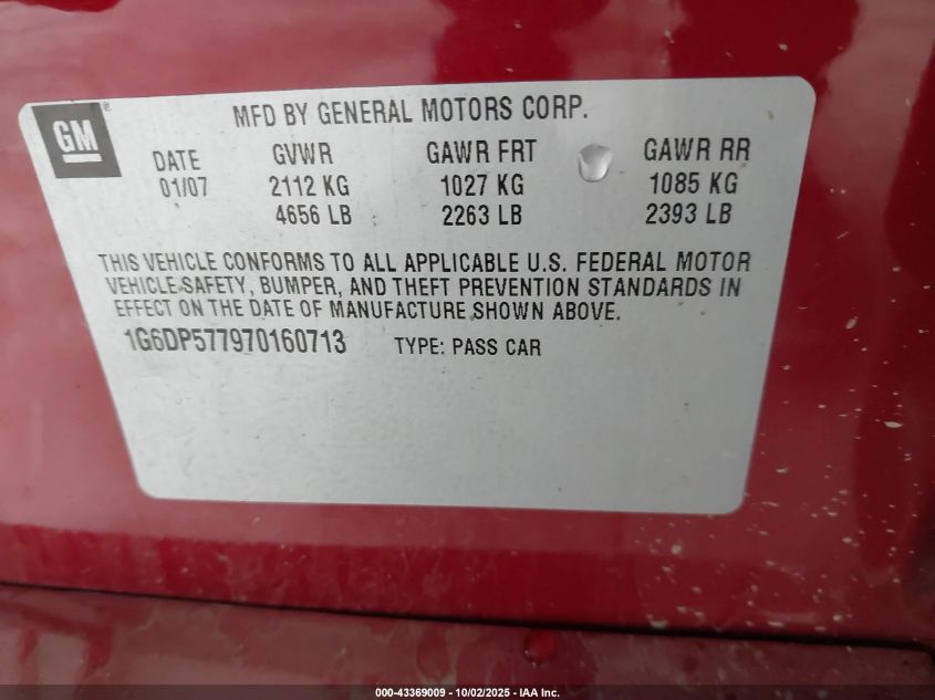 2007 Cadillac Cts Standard VIN: 1G6DP577970160713 Lot: 43369009