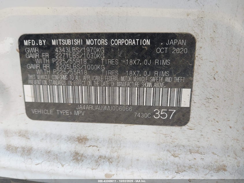 2021 MITSUBISHI OUTLANDER SPORT 2.0 BE AWC/2.0 LE AWC/2.0 SE AWC/ES - JA4ARUAU9MU006066