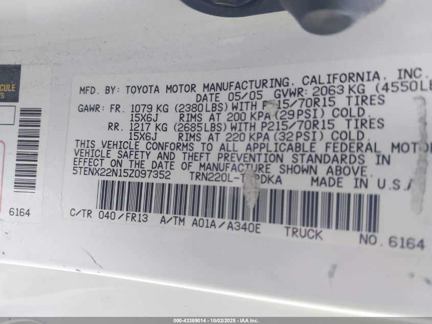 2005 Toyota Tacoma VIN: 5TENX22N15Z097352 Lot: 43369014
