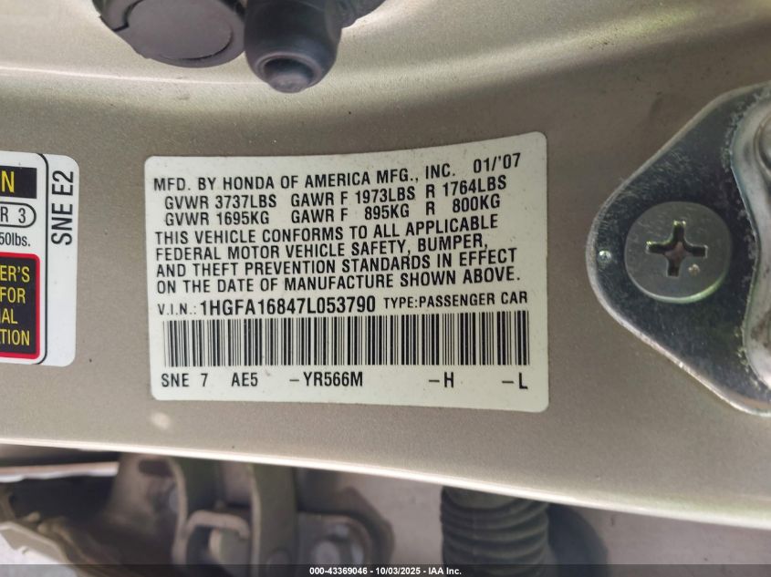 2007 Honda Civic Ex VIN: 1HGFA16847L053790 Lot: 43369046