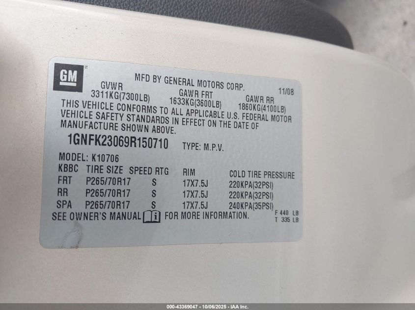 2009 Chevrolet Tahoe Lt2 VIN: 1GNFK23069R150710 Lot: 43369047