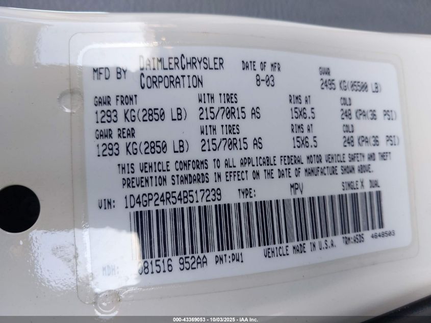 2004 Dodge Grand Caravan Se VIN: 1D4GP24R54B517239 Lot: 43369053