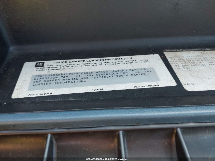 1989 Chevrolet Gmt-400 C2500 VIN: 1GCFC24K6KE117144 Lot: 43369056