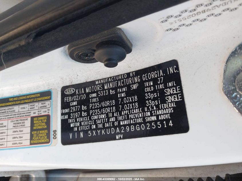 2011 Kia Sorento Ex V6 VIN: 5XYKUDA29BG025514 Lot: 43369062