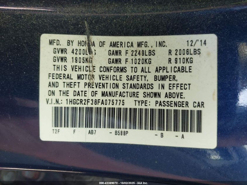 2015 Honda Accord Lx VIN: 1HGCR2F38FA075775 Lot: 43369070