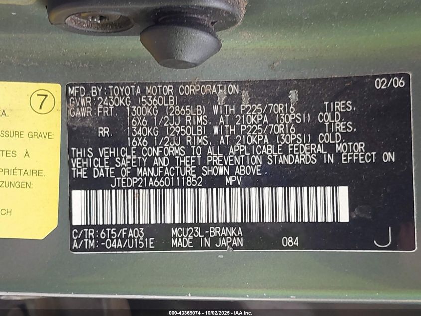 2006 Toyota Highlander V6 VIN: JTEDP21A660111852 Lot: 43369074