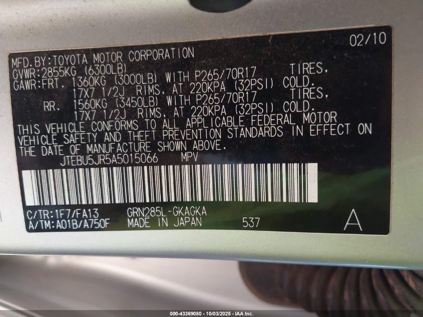 2010 Toyota 4Runner Trail V6 VIN: JTEBU5JR5A5015066 Lot: 43369080