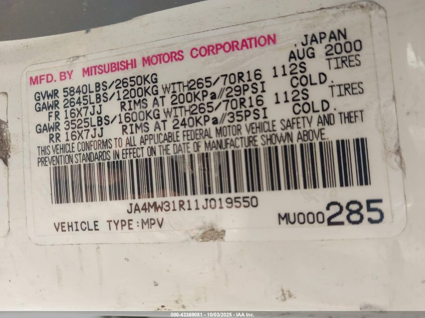 2001 Mitsubishi Montero Xls VIN: JA4MW31R11J019550 Lot: 43369081