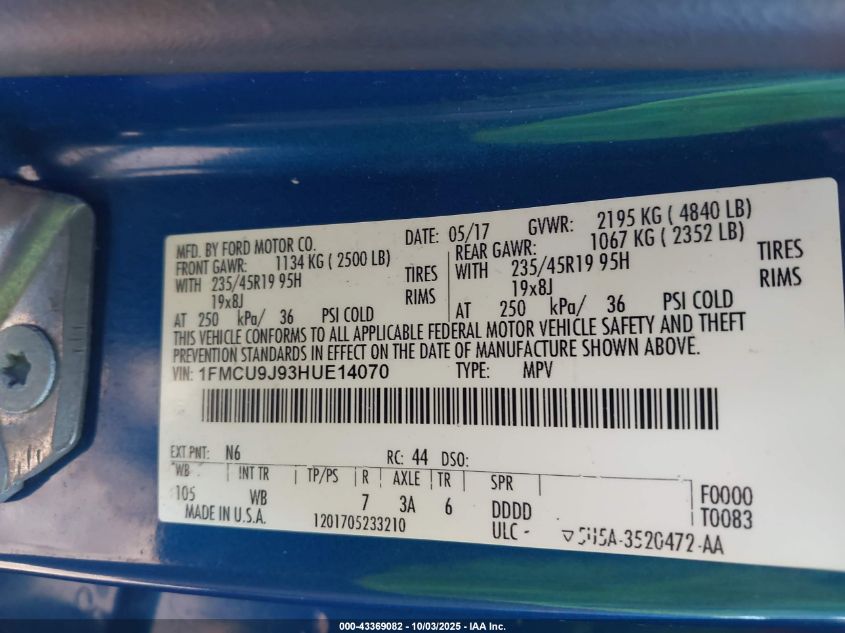 2017 Ford Escape Titanium VIN: 1FMCU9J93HUE14070 Lot: 43369082