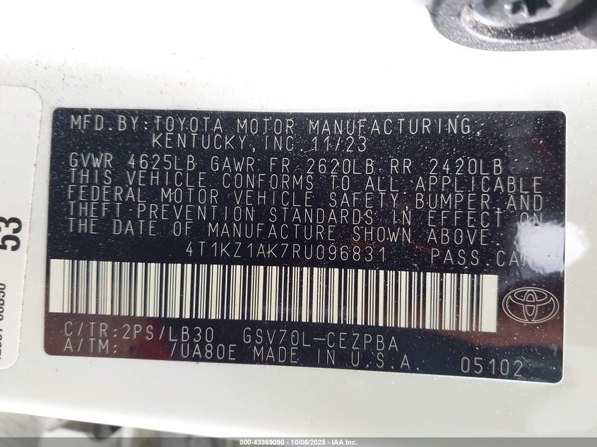 2024 Toyota Camry Xse V6 VIN: 4T1KZ1AK7RU096831 Lot: 43369090