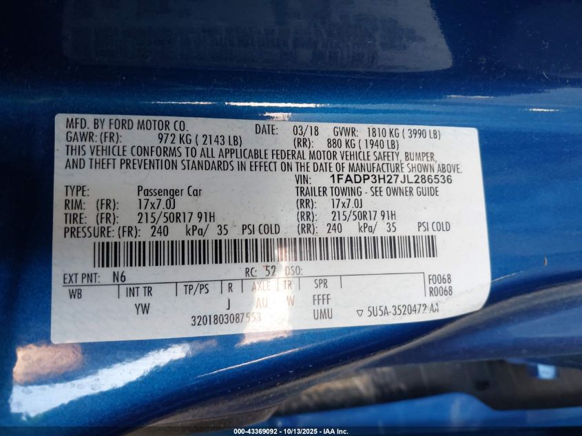 2018 Ford Focus Sel VIN: 1FADP3H27JL286536 Lot: 43369092