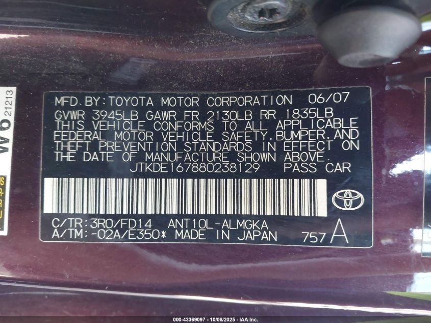 2008 Scion Tc VIN: JTKDE167880238129 Lot: 43369097