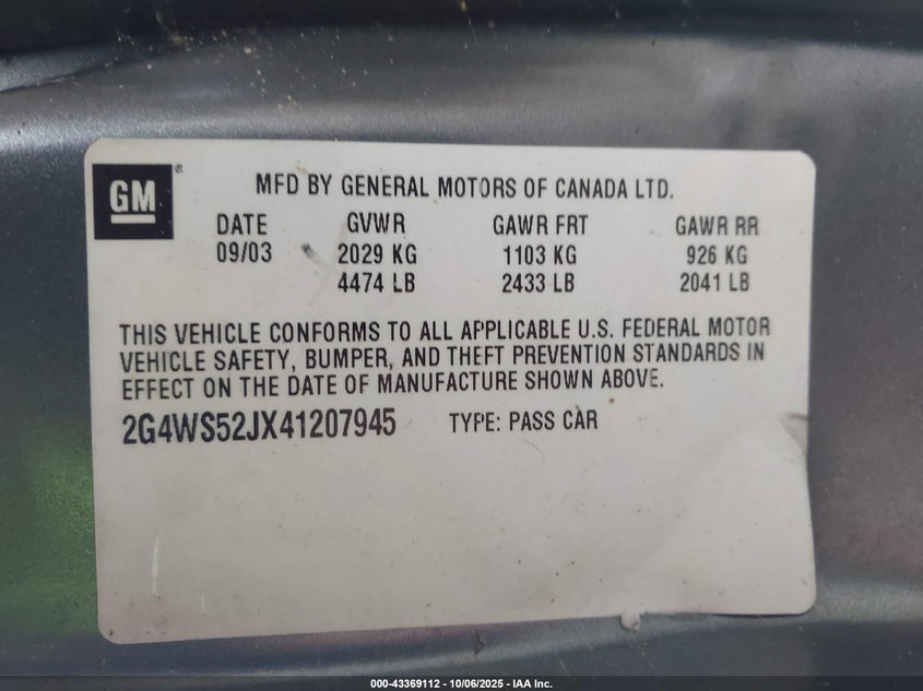 2004 Buick Century VIN: 2G4WS52JX41207945 Lot: 43369112