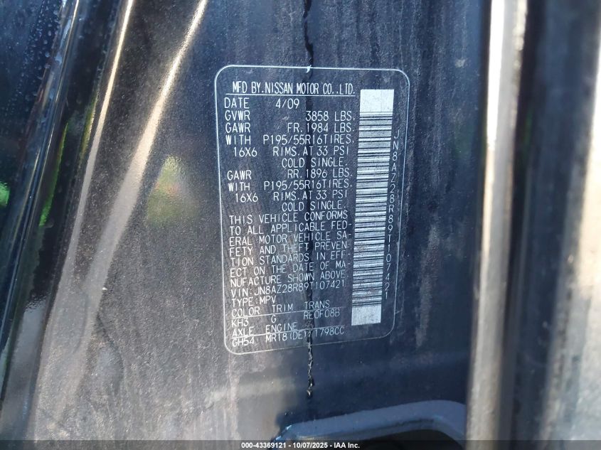 2009 Nissan Cube 1.8Sl VIN: JN8AZ28R89T107421 Lot: 43369121