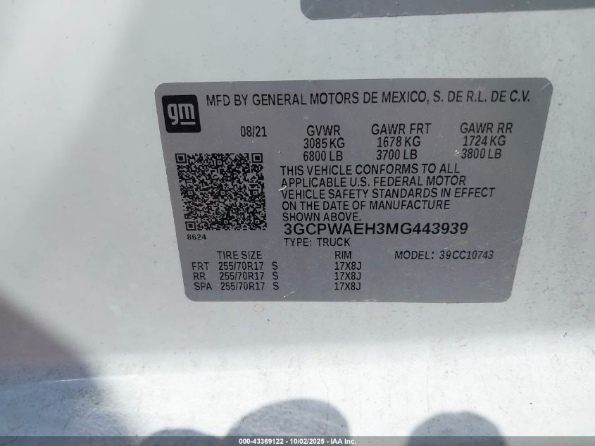 2021 Chevrolet Silverado 1500 2Wd Standard Bed Wt VIN: 3GCPWAEH3MG443939 Lot: 43369122