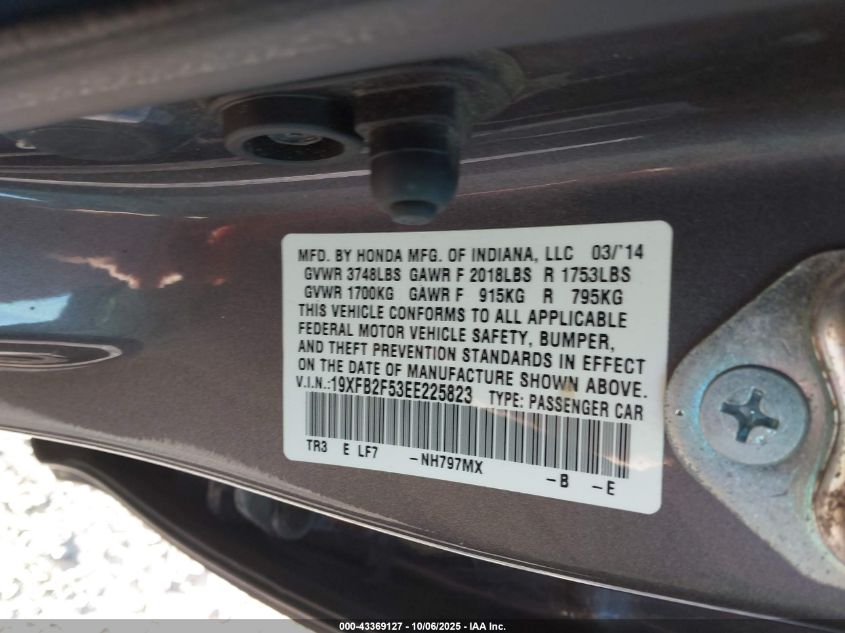 2014 Honda Civic Lx VIN: 19XFB2F53EE225823 Lot: 43369127