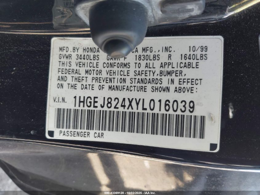 2000 Honda Civic Ex VIN: 1HGEJ824XYL016039 Lot: 43369128