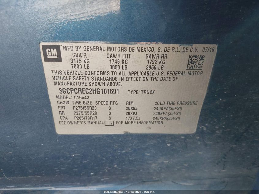 2017 Chevrolet Silverado 1500 1Lt VIN: 3GCPCREC2HG101691 Lot: 43369143