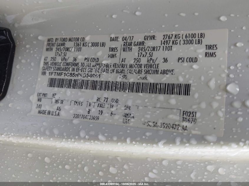 2017 Ford F-150 Xl VIN: 1FTMF1C85HKD54961 Lot: 43369154