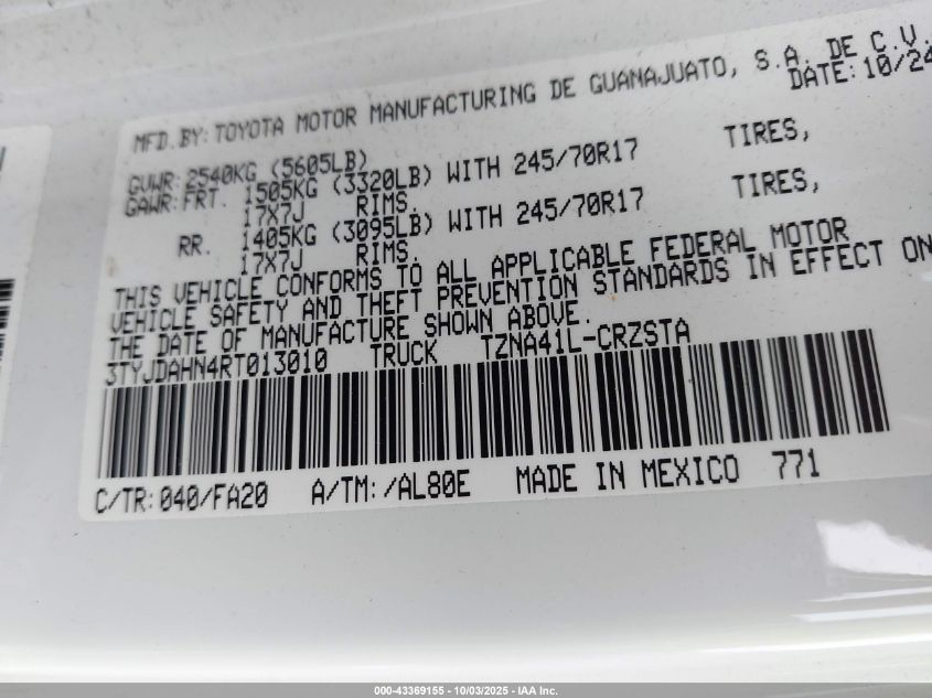 2024 Toyota Tacoma Sr 2Wd VIN: 3TYJDAHN4RT013010 Lot: 43369155