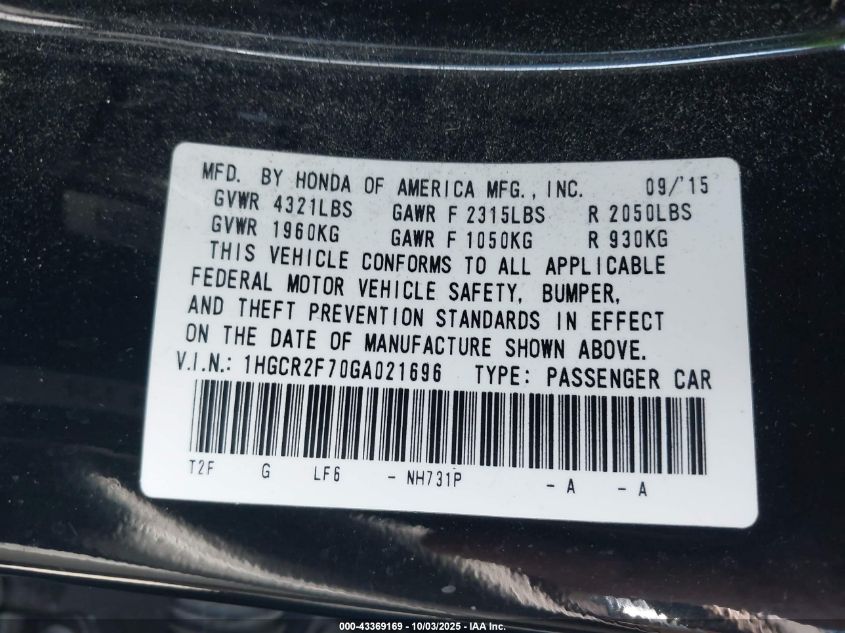 2016 Honda Accord Ex VIN: 1HGCR2F70GA021696 Lot: 43369169