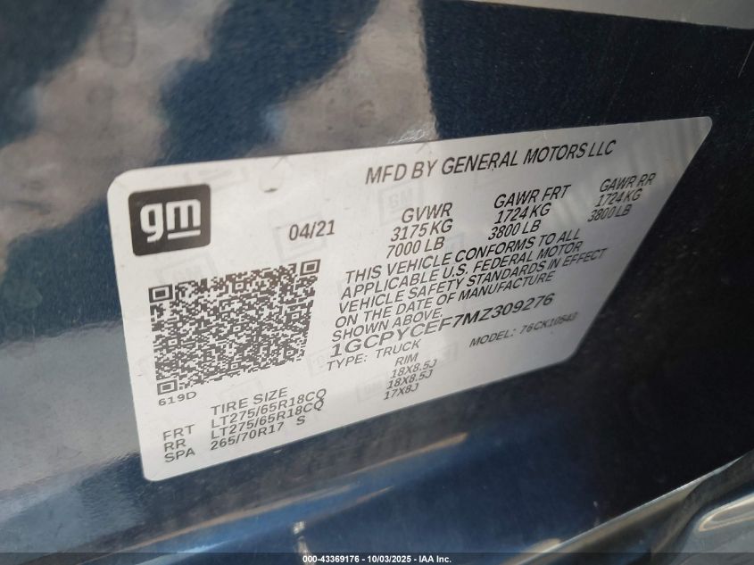 2021 Chevrolet Silverado 1500 4Wd Short Bed Custom Trail Boss VIN: 1GCPYCEF7MZ309276 Lot: 43369176