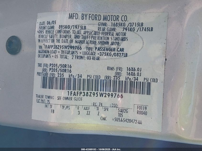 2005 Ford Focus Zx4 VIN: 1FAFP38Z95W299766 Lot: 43369183