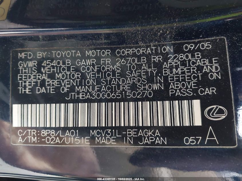 2006 Lexus Es 330 VIN: JTHBA30G065150270 Lot: 43369185