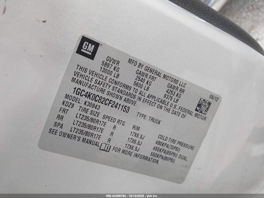 2012 Chevrolet Silverado 3500Hd Lt VIN: 1GC4K0C82CF241153 Lot: 43369194