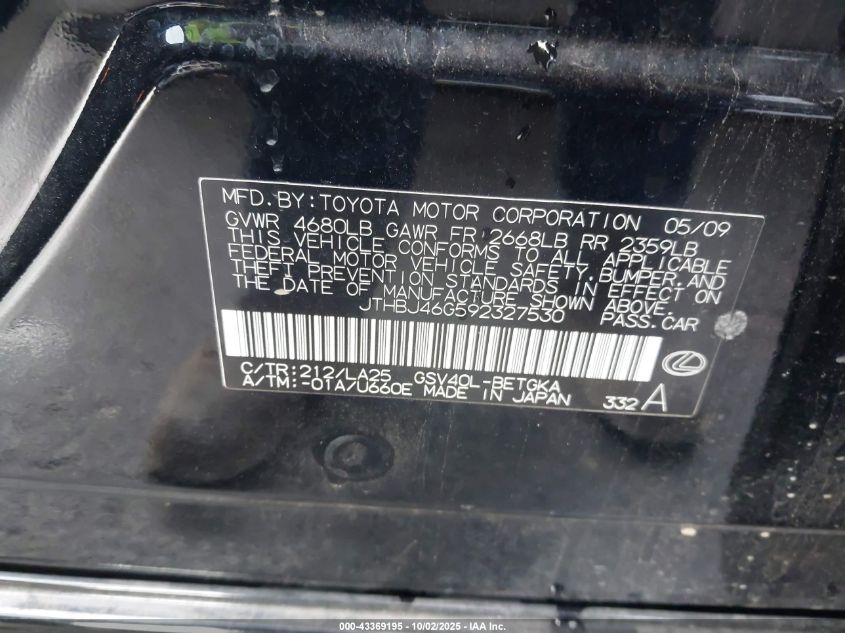 2009 Lexus Es 350 VIN: JTHBJ46G592327530 Lot: 43369195